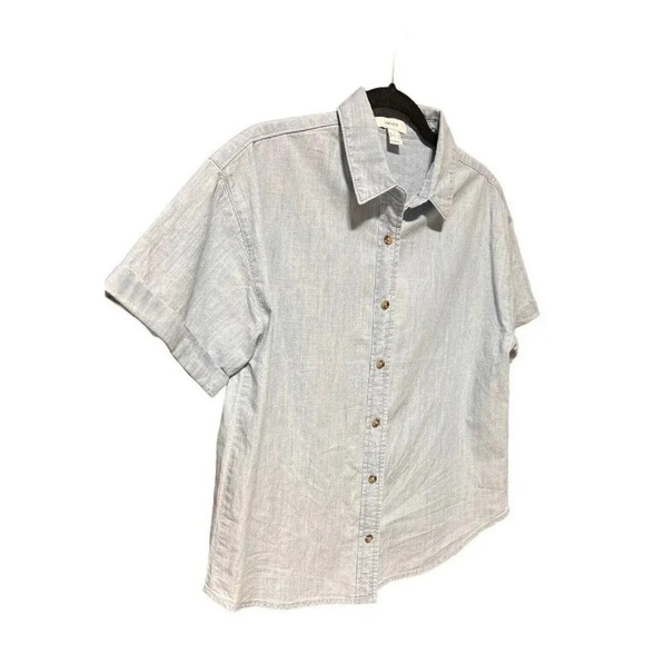 Forever 21 Chambray Button Denim Shirt Womens Dress Short Sleeve Size Medium - Picture 3 of 6